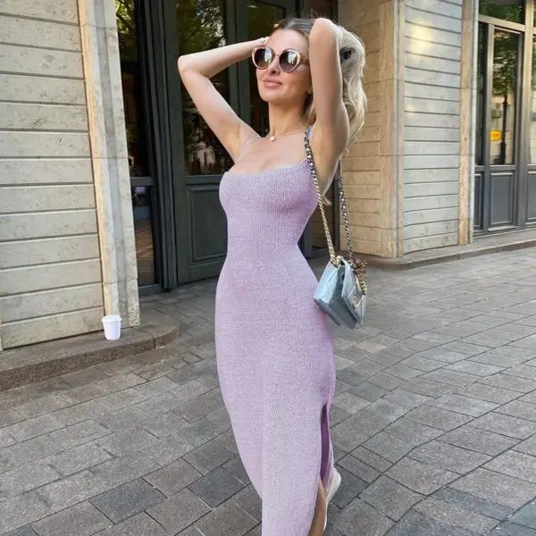 Suspender Knitted Dress for Women: Slim-Fit Long Dress with Slit Design - Image 4