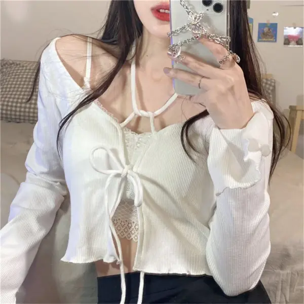 Korean Style Casual T-Shirt: Thin White Cardigan with Lantern Sleeves