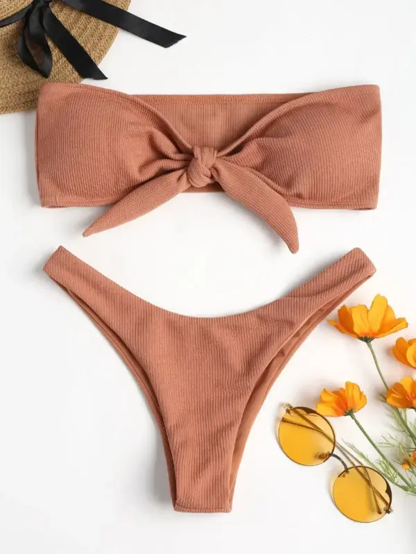 Women's Sexy Tube Top Split Bikini Set with Bow Detail - Image 2
