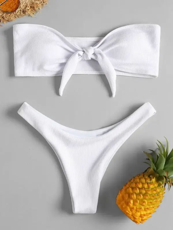 Women's Sexy Tube Top Split Bikini Set with Bow Detail - Image 3