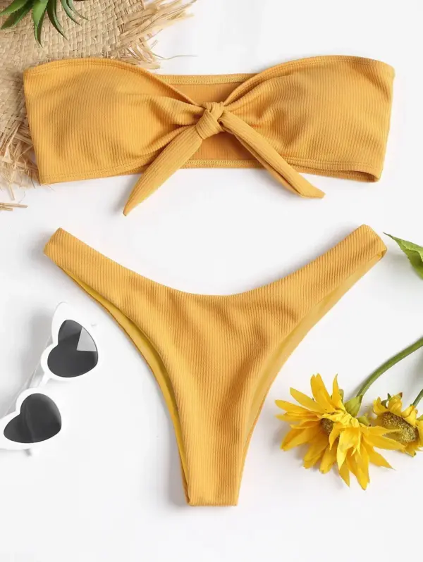 Women's Sexy Tube Top Split Bikini Set with Bow Detail - Image 4