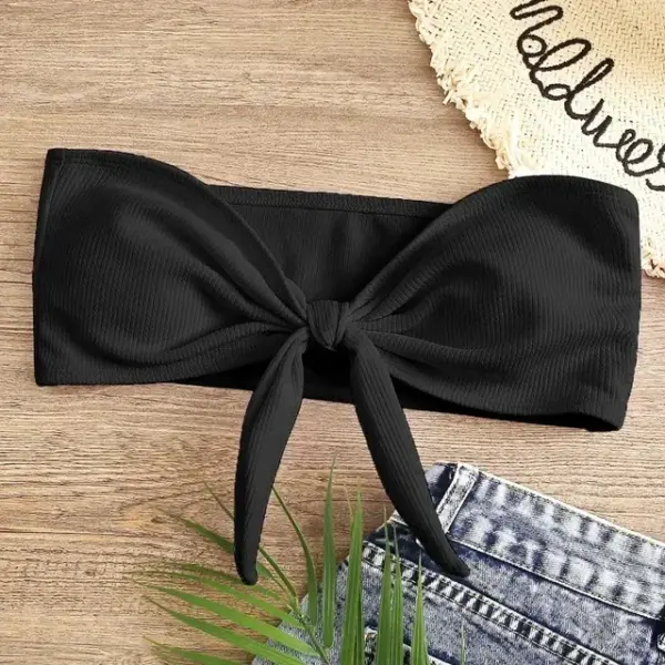 Women's Sexy Tube Top Split Bikini Set with Bow Detail - Image 7