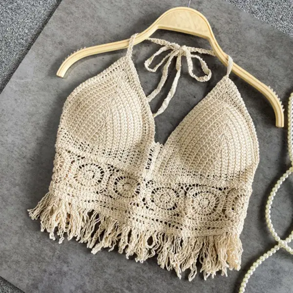 Sexy Boho Beach Halter Swim Bra with Crochet Knit Backless Detail - Women's Swimsuit Top - Image 2