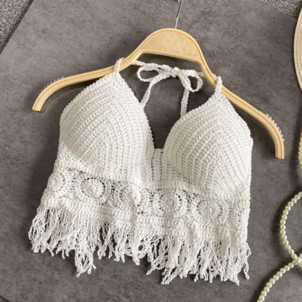 Sexy Boho Beach Halter Swim Bra with Crochet Knit Backless Detail - Women's Swimsuit Top - Image 3
