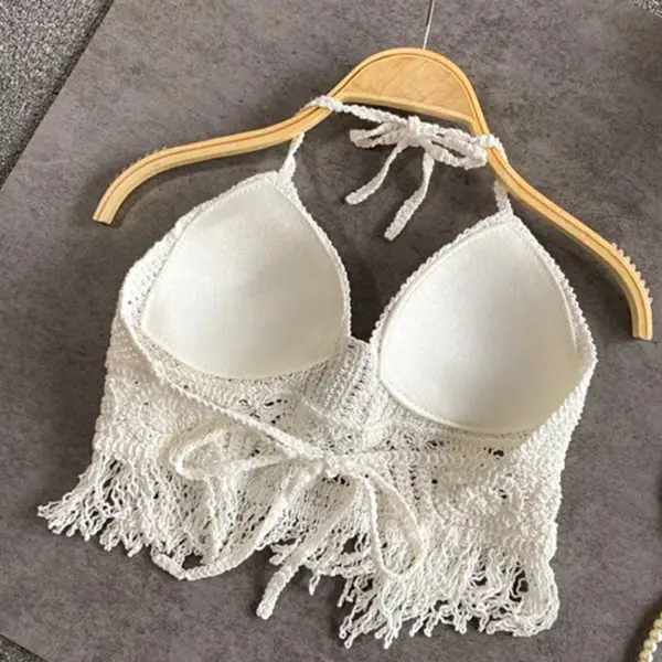 Sexy Boho Beach Halter Swim Bra with Crochet Knit Backless Detail - Women's Swimsuit Top - Image 4