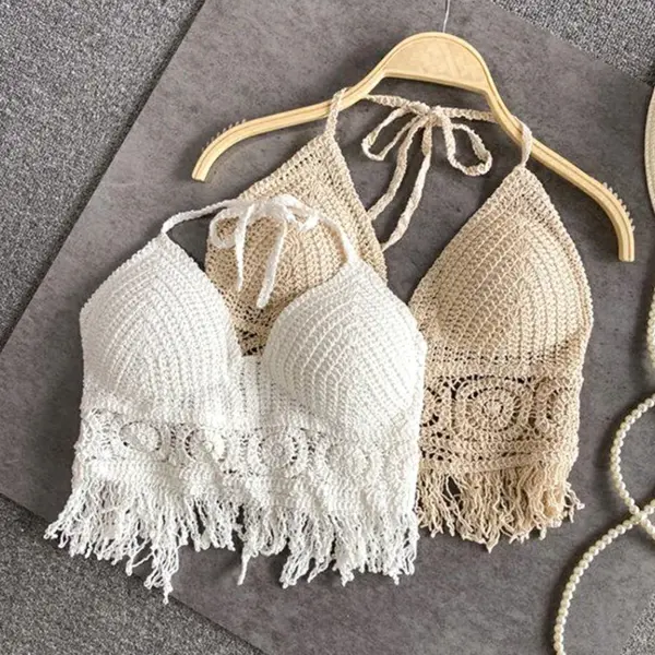 Sexy Boho Beach Halter Swim Bra with Crochet Knit Backless Detail - Women's Swimsuit Top