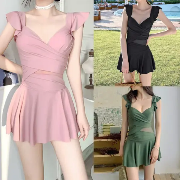 Sexy Off-Shoulder Deep-V One Piece Swimsuit with Ruffle Detail - Women's Bathing Suit