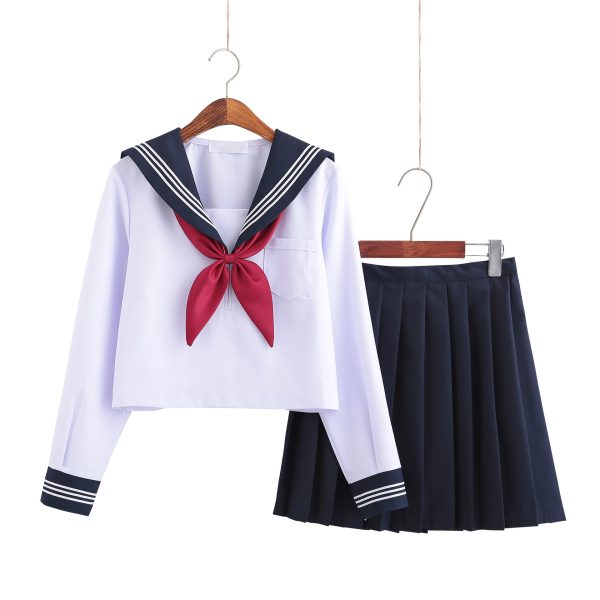 White Three Books JK Uniform Sailor Uniform Female Long Sleeve Student Uniform pleated Skirt Graduation Class Uniform School