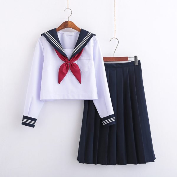 White Three Books JK Uniform Sailor Uniform Female Long Sleeve Student Uniform pleated Skirt Graduation Class Uniform School