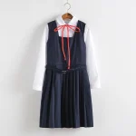2025 Girls Japanese Korean School Uniform Student Dresses White Long-sleeved Top Shirt Anime Form Navy Blue Vest Pleated Skirt