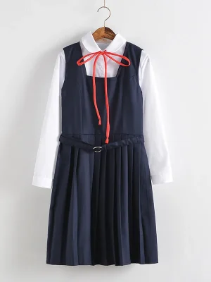 2025 Girls Japanese Korean School Uniform Student Dresses White Long-sleeved Top Shirt Anime Form Navy Blue Vest Pleated Skirt