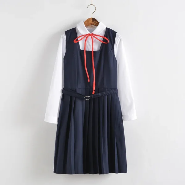 2025 Girls Japanese Korean School Uniform Student Dresses White Long-sleeved Top Shirt Anime Form Navy Blue Vest Pleated Skirt
