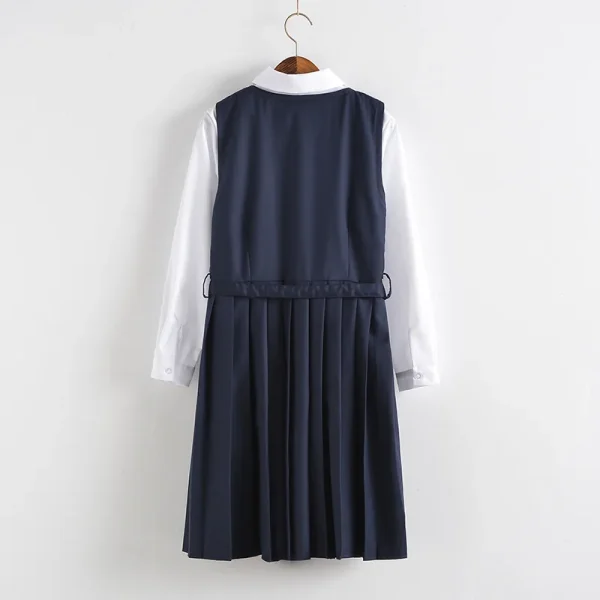 2025 Girls Japanese Korean School Uniform Student Dresses White Long-sleeved Top Shirt Anime Form Navy Blue Vest Pleated Skirt