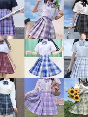 Full set New School Girl Uniform Pleated Skirts Japanese School Uniform High Waist A-Line Plaid Skirt Sexy JK Uniforms for Woman