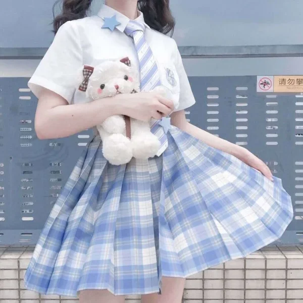 Full set New School Girl Uniform Pleated Skirts Japanese School Uniform High Waist A-Line Plaid Skirt Sexy JK Uniforms for Woman