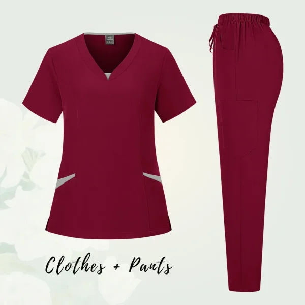 Solid Scrub Working Uniform Set Women Comfy V-Neck Short Sleeve T-Shirts Straight Pants Suit Summer Casual Workwear With Pockets