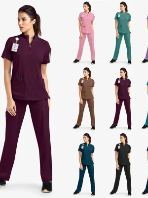 New Nurse Women Casual Short Sleeved Apparel Top Pharmacy Working Medical Hospital Doctor Nursing Uniform Stand-up collar Zipper
