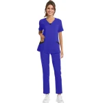 Solid Scrub Working Uniform Set Women Comfy V-Neck Short Sleeve T-Shirts Straight Pants Suit Summer Casual Workwear With Pockets