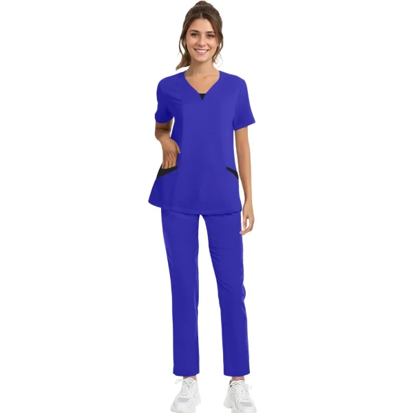 Solid Scrub Working Uniform Set Women Comfy V-Neck Short Sleeve T-Shirts Straight Pants Suit Summer Casual Workwear With Pockets