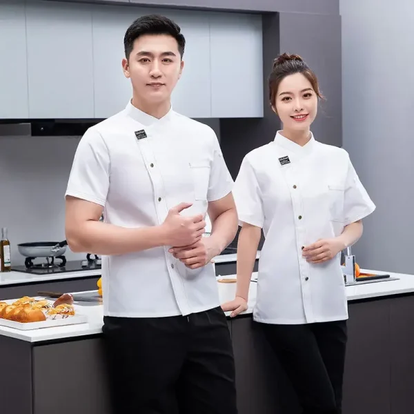 Chef Jacket Short Sleeve Kitchen Cook Shirts Unisex Chef coat apron Restaurant BakeryWaiter Sushi Uniform for men chef hat black
