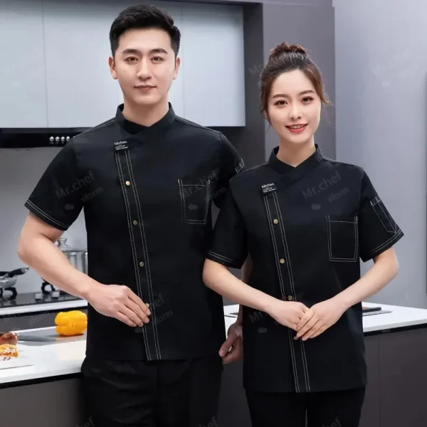 Chef Jacket Short Sleeve Kitchen Cook Shirts Unisex Chef coat apron Restaurant BakeryWaiter Sushi Uniform for men chef hat black