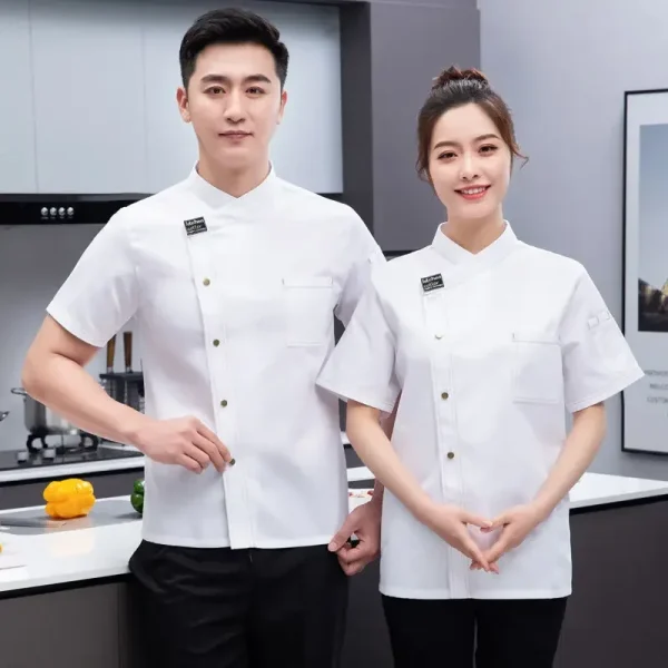 Chef Jacket Short Sleeve Kitchen Cook Shirts Unisex Chef coat apron Restaurant BakeryWaiter Sushi Uniform for men chef hat black