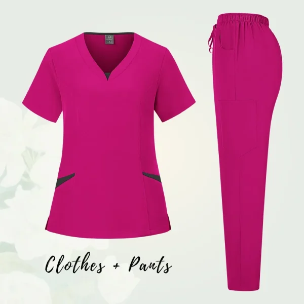 Solid Scrub Working Uniform Set Women Comfy V-Neck Short Sleeve T-Shirts Straight Pants Suit Summer Casual Workwear With Pockets