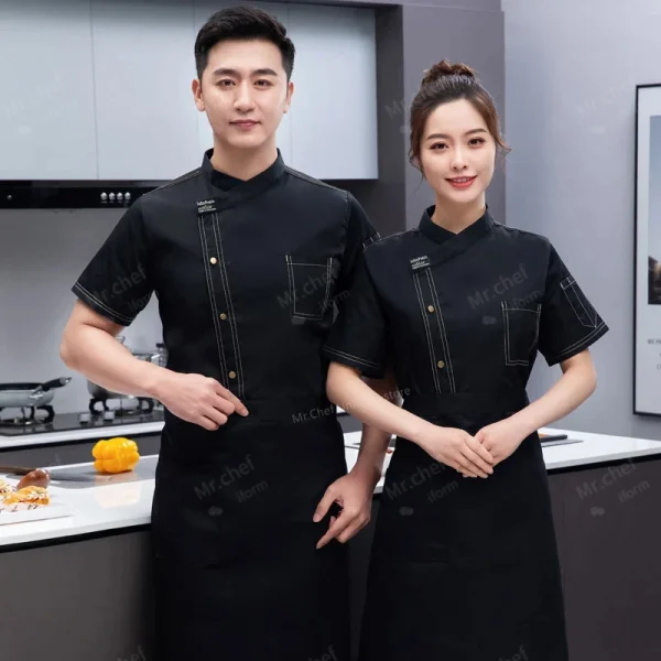 Chef Jacket Short Sleeve Kitchen Cook Shirts Unisex Chef coat apron Restaurant BakeryWaiter Sushi Uniform for men chef hat black