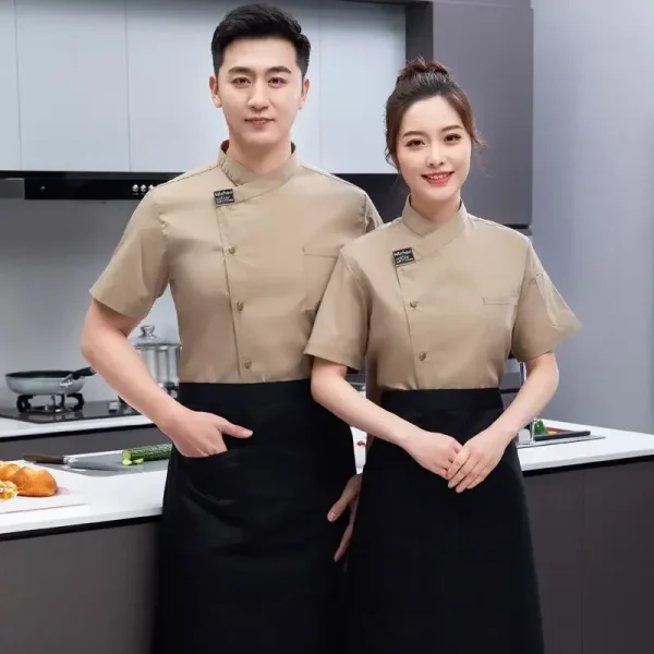Chef Jacket Short Sleeve Kitchen Cook Shirts Unisex Chef coat apron Restaurant BakeryWaiter Sushi Uniform for men chef hat black