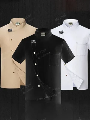 Chef Jacket Short Sleeve Kitchen Cook Shirts Unisex Chef coat apron Restaurant BakeryWaiter Sushi Uniform for men chef hat black