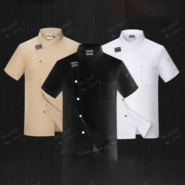 Chef Jacket Short Sleeve Kitchen Cook Shirts Unisex Chef coat apron Restaurant BakeryWaiter Sushi Uniform for men chef hat black