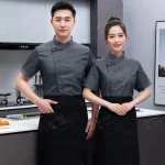 Chef Jacket Short Sleeve Kitchen Cook Shirts Unisex Chef coat apron Restaurant BakeryWaiter Sushi Uniform for men chef hat black