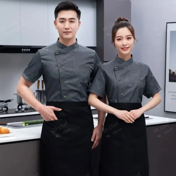 Chef Jacket Short Sleeve Kitchen Cook Shirts Unisex Chef coat apron Restaurant BakeryWaiter Sushi Uniform for men chef hat black