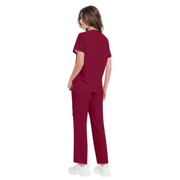 Solid Scrub Working Uniform Set Women Comfy V-Neck Short Sleeve T-Shirts Straight Pants Suit Summer Casual Workwear With Pockets