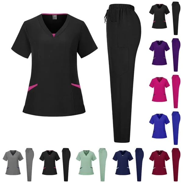 Solid Scrub Working Uniform Set Women Comfy V-Neck Short Sleeve T-Shirts Straight Pants Suit Summer Casual Workwear With Pockets