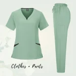 Solid Scrub Working Uniform Set Women Comfy V-Neck Short Sleeve T-Shirts Straight Pants Suit Summer Casual Workwear With Pockets