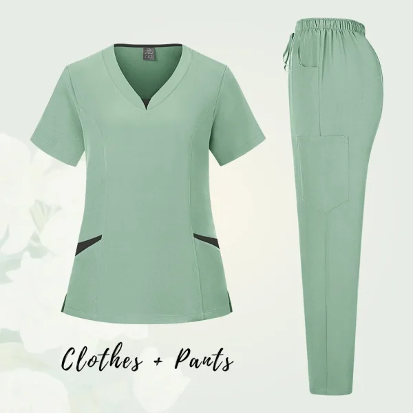 Solid Scrub Working Uniform Set Women Comfy V-Neck Short Sleeve T-Shirts Straight Pants Suit Summer Casual Workwear With Pockets