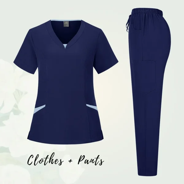 Solid Scrub Working Uniform Set Women Comfy V-Neck Short Sleeve T-Shirts Straight Pants Suit Summer Casual Workwear With Pockets