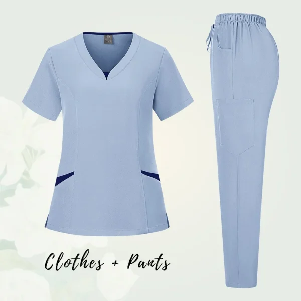 Solid Scrub Working Uniform Set Women Comfy V-Neck Short Sleeve T-Shirts Straight Pants Suit Summer Casual Workwear With Pockets