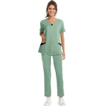 Solid Scrub Working Uniform Set Women Comfy V-Neck Short Sleeve T-Shirts Straight Pants Suit Summer Casual Workwear With Pockets
