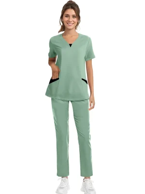 Solid Scrub Working Uniform Set Women Comfy V-Neck Short Sleeve T-Shirts Straight Pants Suit Summer Casual Workwear With Pockets
