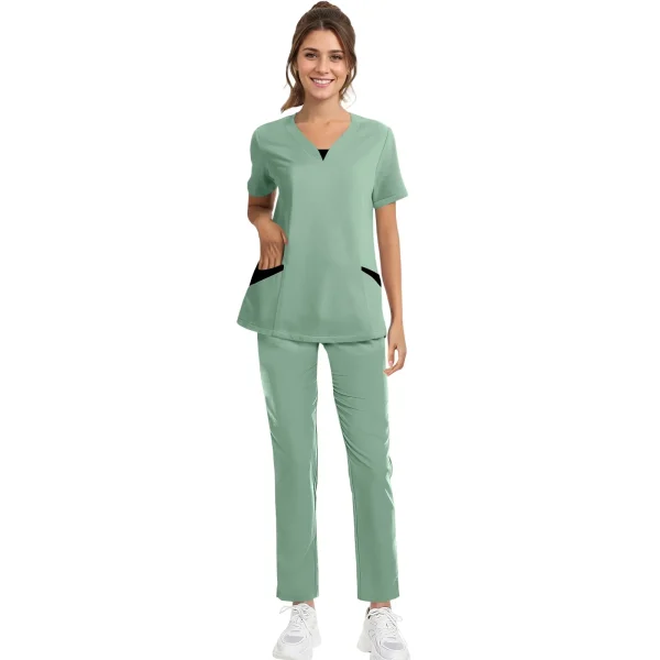 Solid Scrub Working Uniform Set Women Comfy V-Neck Short Sleeve T-Shirts Straight Pants Suit Summer Casual Workwear With Pockets