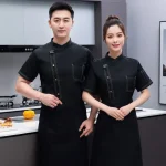 Chef Jacket Short Sleeve Kitchen Cook Shirts Unisex Chef coat apron Restaurant BakeryWaiter Sushi Uniform for men chef hat black