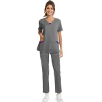 Solid Scrub Working Uniform Set Women Comfy V-Neck Short Sleeve T-Shirts Straight Pants Suit Summer Casual Workwear With Pockets