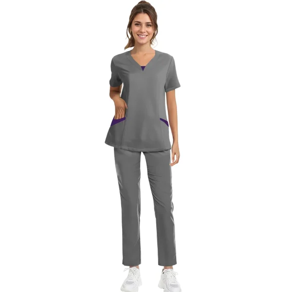 Solid Scrub Working Uniform Set Women Comfy V-Neck Short Sleeve T-Shirts Straight Pants Suit Summer Casual Workwear With Pockets