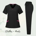 Solid Scrub Working Uniform Set Women Comfy V-Neck Short Sleeve T-Shirts Straight Pants Suit Summer Casual Workwear With Pockets