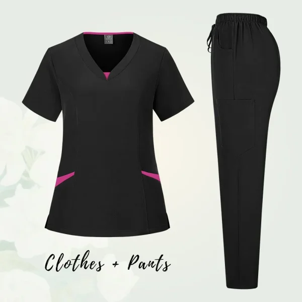 Solid Scrub Working Uniform Set Women Comfy V-Neck Short Sleeve T-Shirts Straight Pants Suit Summer Casual Workwear With Pockets