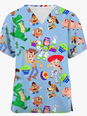 Women T shirt Nurse Uniform Cartoon Toy Story 4 Print V-Neck Pocket Medical Nursing Scrubs Uniforme Enfermera clot