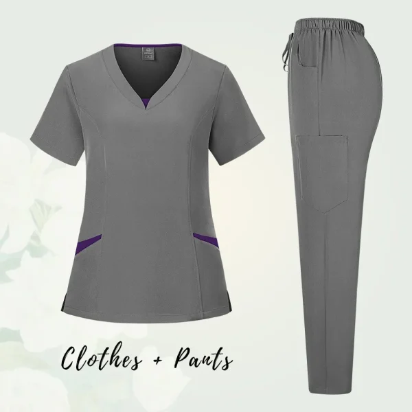 Solid Scrub Working Uniform Set Women Comfy V-Neck Short Sleeve T-Shirts Straight Pants Suit Summer Casual Workwear With Pockets