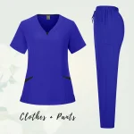 Solid Scrub Working Uniform Set Women Comfy V-Neck Short Sleeve T-Shirts Straight Pants Suit Summer Casual Workwear With Pockets